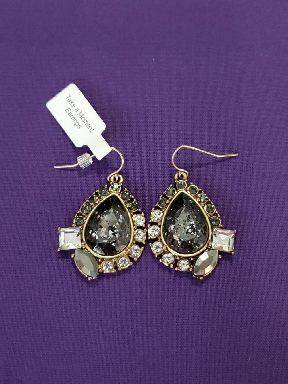 Teardrop Dangle Rhinestone Earrings Smokey Clear Lace Like Design Brass Tone New